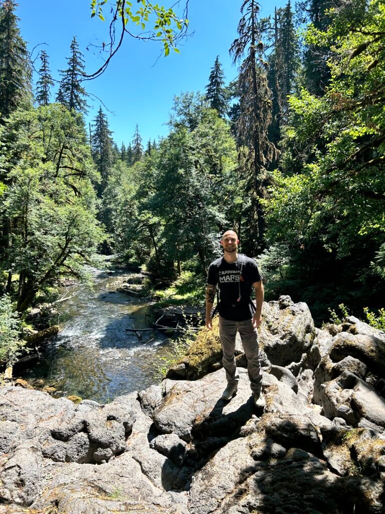 View from the top of a waterfall on a hike in the pacific northwest